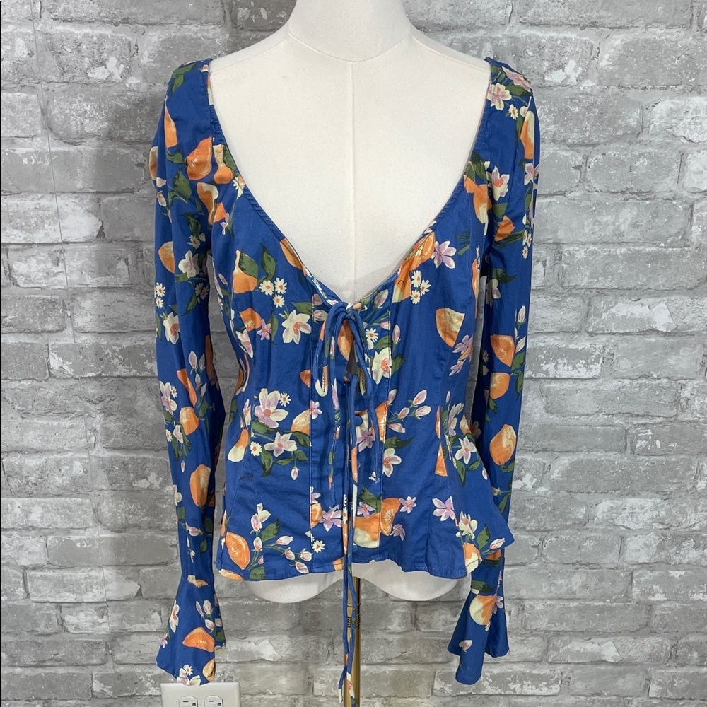 Free People Floral Blue and Orange Kayla Top